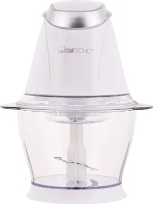 A white electric food chopper with a transparent bowl and a silver top.