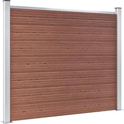 A close-up view of a brown wooden fence panel with silver metal posts.