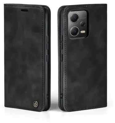 A black flip case for a smartphone is shown from two angles.
