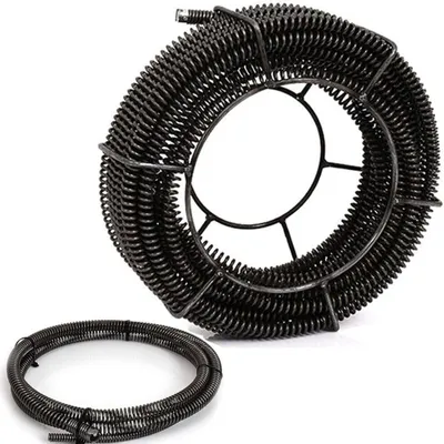 A coiled drain cleaning snake and a smaller coiled snake in front of it, both on a white background.