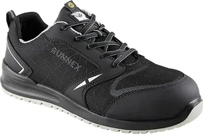 A black athletic shoe with white accents and a white sole, shown from a side-angle against a white background.