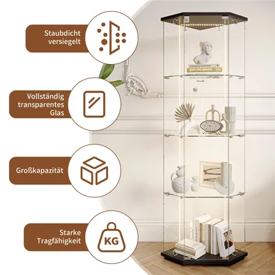Produktbild von Eckvitrine - Vitrinenschrank - 162 cm Höhe - Glastüren - 4 Ebenen - LED-Streifenbeleuchtung - 6 Farben - Schwarz