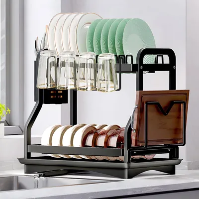 Imagen del producto de Escurreplatos para vajilla, con 2 niveles, de acero inoxidable, con soporte para tazas, para la cocina