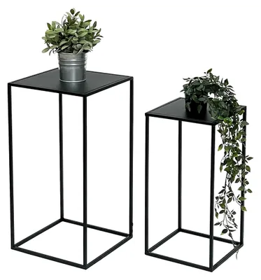 Produktbild von Blumenhocker Metall Schwarz Eckig Blumenständer Beistelltisch 2er Set Blumensäule Pflanzenständer Pflanzenhocker