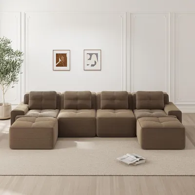 Produktbild von MODFU 4-Sitzer Modulares Sofa Cord mit Schlaffunktion,U-förmiges Big Sofa mit Geschwungene Rückenlehne und 2 Ottoman,Schlafsofa,Braun