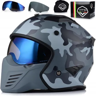Obrázok produktu pre Vito Bruzano prilba s odnímateľnou bradou a slnečnou clonou | Motocyklová prilba / prilba na skúter | ECE 22.06 | Kamufláž | L (59 cm)