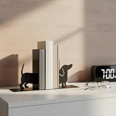 Produktbild von Niedliche Buchstützen aus schwarzem Metall mit Dackeldesign