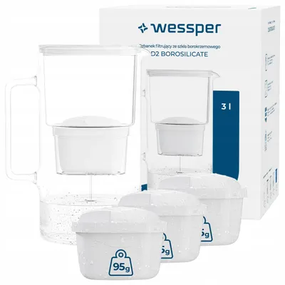 Produktbild von Wessper D2 BOROSILICATE Wasserfilterkanne 3 L Weiß – Glasfilterkanne mit 4 AquaMax Filter, BPA-frei