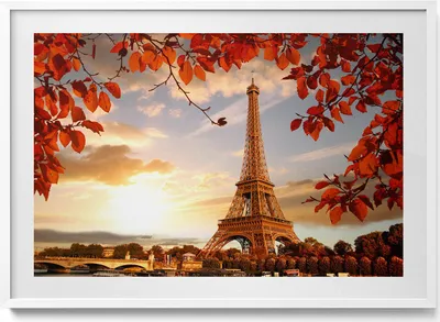 Produktbild von Der Eiffelturm zwischen den Blättern– Wandbild mit Rahmen – Gerahmtes Bild  – Wanddekoration – 100x70 cm –  Weiß Rahmen