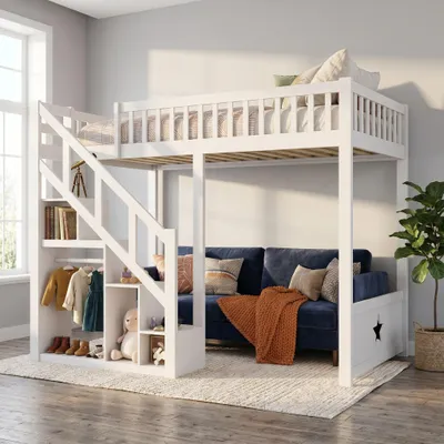 Produktbild von INONEFT Kinderbett Etagenbett 140x200cm mit Rausfallschutz und Treppe, Hochbett mit Lattenrost und Stauraum, Stockbett Einzelbett, Massivholz, Weiß