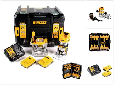 Produktbild von DeWalt DCW 604 D2 Akku Kombifräse 18V 55 mm + 2x Akkus 2,0 Ah + 1x Schnellladegerät + Fräser Set 12 tlg in TSTAK