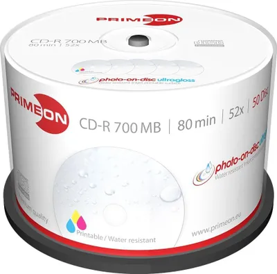 Immagine prodotto di Primeon 2761109 Blank CD-R 80 700 MB 50 pc(s) Spindle Printable, Glossy surface, Waterproof, Smearproof