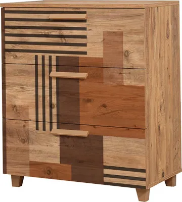 A chest of drawers with a wood grain finish and a colorblock design.