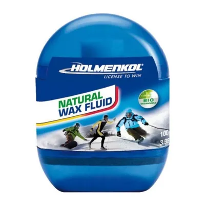 A blue plastic container of Holmenkol Natural Wax Fluid with images of skiers on the front.