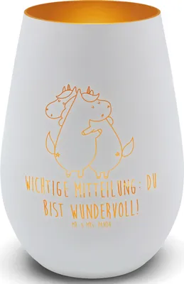 Produktbild von Mr. & Mrs. Panda Windlicht Glas Einhorn Mitteilung - Weiß - Geschenk, Spruch, kerzenhalter für teelichter, Liebe, Teelichthalter, Einhörner, Laterne, Unicorn, Gravur