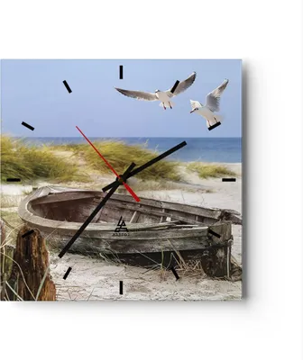 Produktbild von Wanduhr - Quadrat - Glasuhr - Strand Möwen Łódź - 40x40cm - Schleichendes Uhrwerk - Lautlos - zum Aufhängen bereit - Dekoration Modern - Wanddekoration aus Glas - C3AC40x40-4170
