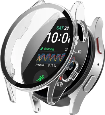A transparent protective case is shown on a smartwatch.