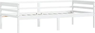 A white wooden bed frame with a slatted base and side rails, shown from a side angle against a white background.