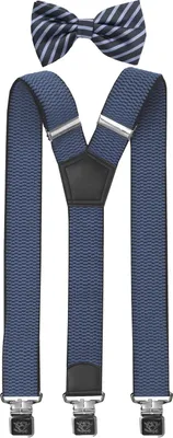 Produktbild von Fabio Farini - 1 Stück mit passender Fliege als Set 4cm Y-Form für Herren Pack Blauen 4cm Hosenträger - Blau/Dunkelblau Gestreiften Fliege