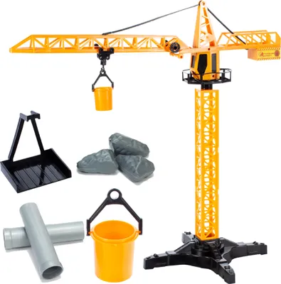 A toy construction crane and its accessories are displayed against a white background.