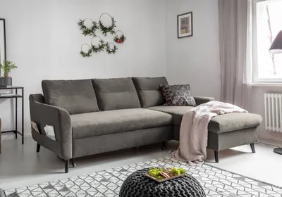 Produktbild von MIUFORM Stylish Stan Velours - Ecksofa mit Bettfunktion - 224x148cm - Dunkelgrau - L-Form Rechts - Schlafsofa Couch