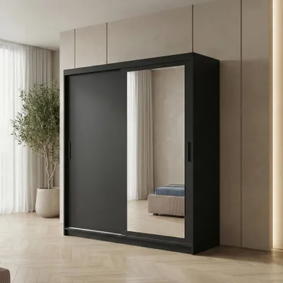 Image de BEAUTYSOFA | Armoire HELA 180 cm noire – Armoire moderne avec miroir et portes coulissantes, design minimaliste