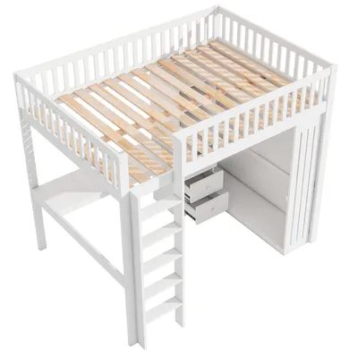 A white loft bed with a wooden slatted base, a ladder, drawers, and a closet.