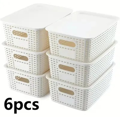 Obrázok produktu pre Sada 6 skladacích úložných boxov – plastové koše s vekom – bez BPA – úložné koše do kancelárie a domácnosti – 25,9 x 18,3 x 10,4 cm – biela