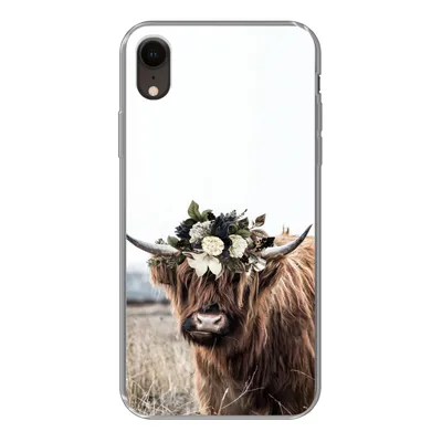 Produktbild von MuchoWow® Handyhülle Schutzhülle Hülle für iPhone XR Schottischer Highlander - Blumen - Tiere Silikon Softcase Handy Hülle - Schutzdeckel