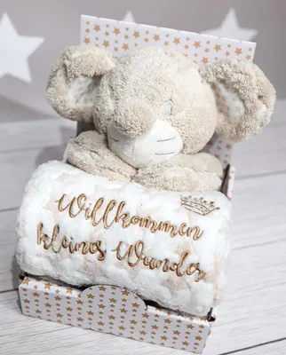 Produktbild von Baby Geschenkset: Kuscheltier Maus 25 cm + Babydecke 75x100 cm – Bestickt „Willkommen kleines Wunder“ – Geschenkbox