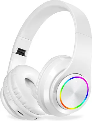 A white pair of Bluetooth over-ear headphones with a colorful LED ring on the right earcup, set against a plain white background.
