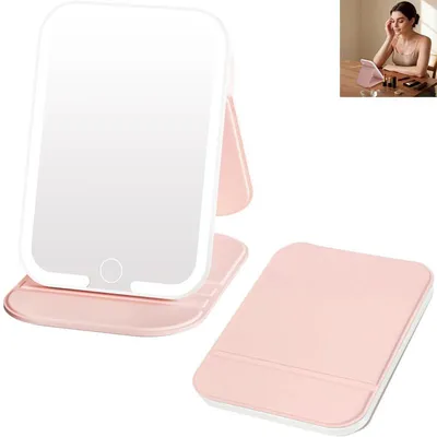 Produktbild von LED Reise-Make-up Spiegel, aufladbar, 3-Farb-Licht, dimmbare Touch-Steuerung, faltbar, verstellbarer Winkel, rutschfeste Basis, Pink