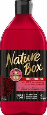 Produktbild von Nature Box, Duschgel, 385ml, revitalisierender Granatapfelduft, kaltgepresste Öle, frei von Parabenen, Sulfaten und Mikroplastik, vegan