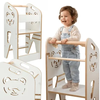 Zdjęcie produktu dla Pomocnik kuchenny VERK.design 80cm zabudowany kitchen helper podest stołek dla dzieci wieża edukacyjna biały miś