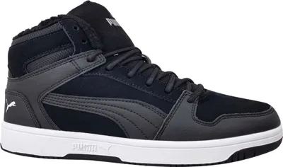 A side view of a black Puma high-top sneaker with a white sole.