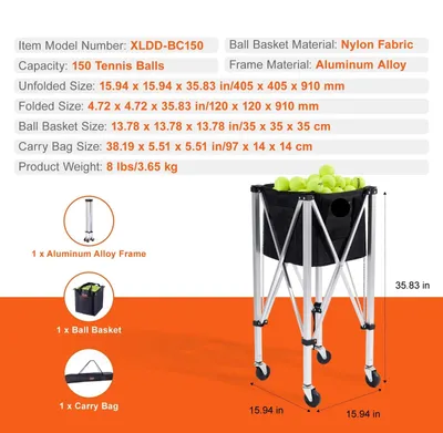 Produktbild von Faltbarer Tennisballwagen – Tennisballkarren – Ballwagen – Ballkarren – mit Rädern und Bremsen – Fassungsvermögen: 150 Bälle