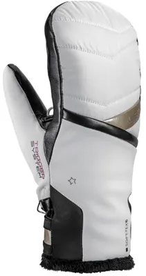 A single white and black ski mitten is shown against a white background.