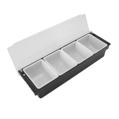 Imagen del producto de Organizador de condimentos, fabricado en plástico resistente, con tapa transparente, diseño desmontable y multifuncional, con 4 compartimentos para verduras, frutas y especias