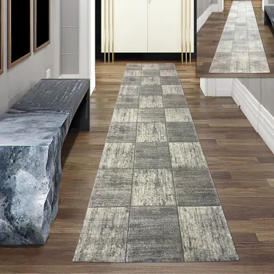 Produktbild von Wohnzimmer Teppich – quadratisches Muster – in grau Größe - 80 x 300 cm