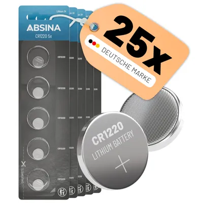 Produktbild von ABSINA CR1220 Knopfzelle 3V Lithium 5x 5er Pack - Batterie CR 1220 - CR 1220 3 Volt für Autoschlüssel, Uhr uvm