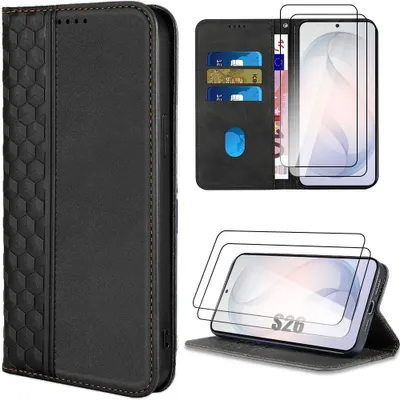 Image de Coque + 2 Verres Trempés pour Samsung Galaxy S26, Cuir Synthétique Antichoc Anti-Rayures Flip Case - Noir
