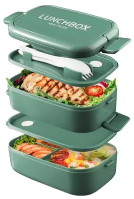 Produktbild von Lunchbox mit 4 Fächern und Besteck – stapelbarer Essensbehälter mit 1400 ml Fassungsvermögen – Grün