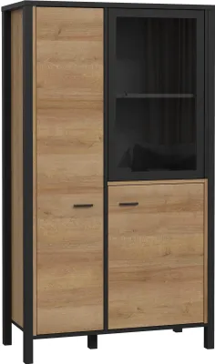 A freestanding cabinet with a glass-fronted section and wooden doors and drawers.