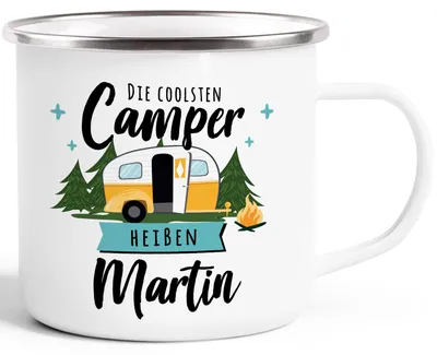 Produktbild von Emaille-Tasse Camping Wohnmobil personalisiert mit Namen persönliche Geschenke für Camper SpecialMe® weiß-metall Emailletasse