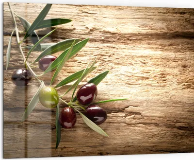 Produktbild von DEQORI Küchenrückwand Glas 80x60 cm 'Dekorativer Olivenzweig' Spritzschutz Bad Rückwand