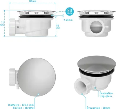 Image de Bonde de Receveur Diamètre 90 mm - Capot Chrome - Evacuation Horizontale