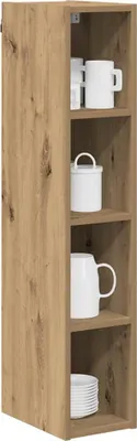A tall, narrow wooden cabinet with shelves, displaying white mugs, a canister, and stacked plates.