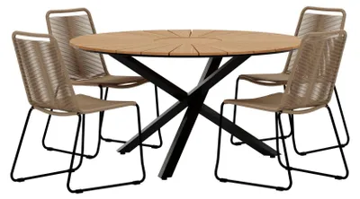Produktbild von Mexico Gartenset Tisch Ø140 cm Natur 4 Stühle braun.