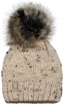 Produktbild von styleBREAKER Damen Strick Bommelmütze bunt gemustert mit Glitzerfaden und Fleece Futter, Winter Fellbommel Mütze 04024178