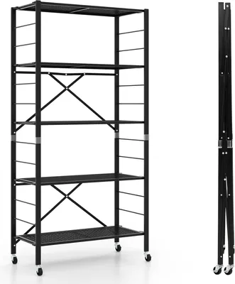 Zdjęcie produktu dla COSTWAY 5-poziomowy składany regał magazynowy na kółkach, regał kuchenny 3 w 1 DIY z półkami o regulowanej wysokości, wolnostojący metalowy regał magazynowy do garażu, kuchni, na balkon, nośność 90 kg